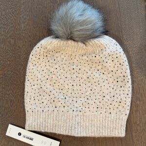 NWT Aqua Studded Knit Beanie with Faux Fur Pom – Beige